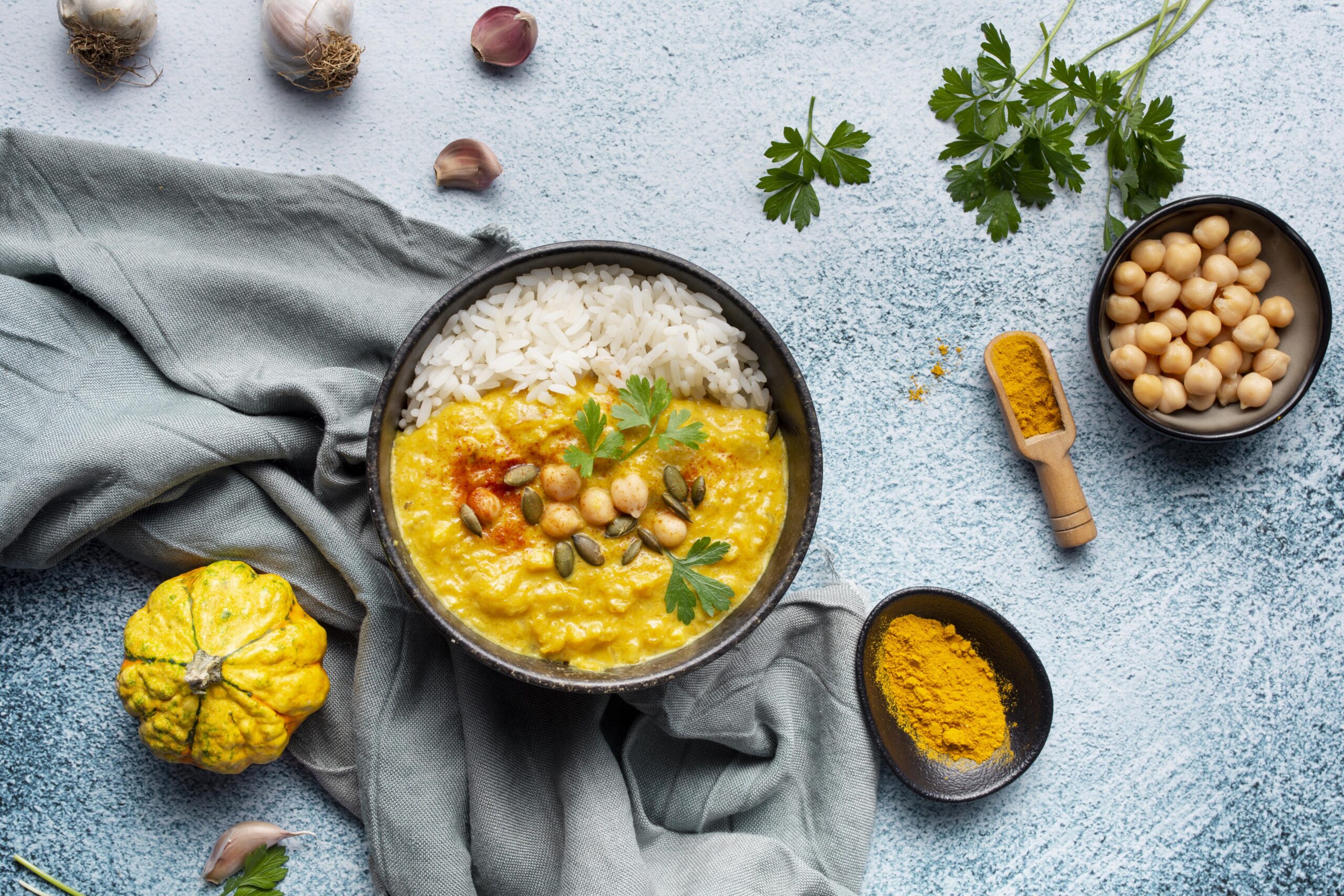 Dahl de lentilles corail, patate douce et lait de coco dans une assiette avec herbes et légumes posés sur la table grise