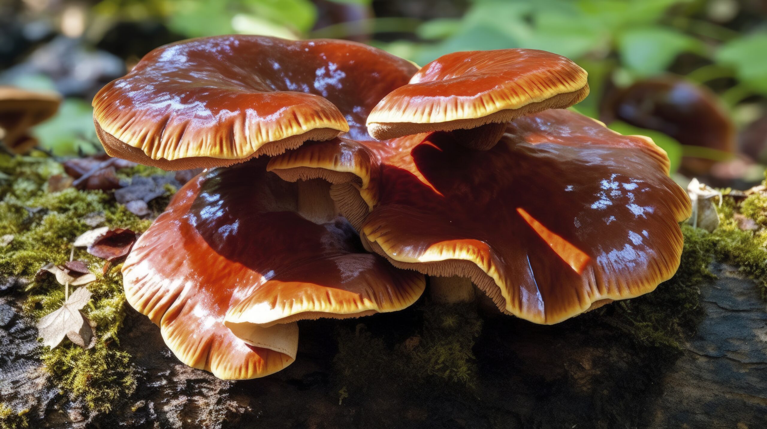 Champignon de Reishi (ganoderma) au chapeau brillant brun-rouge, poussant sur un tronc moussu