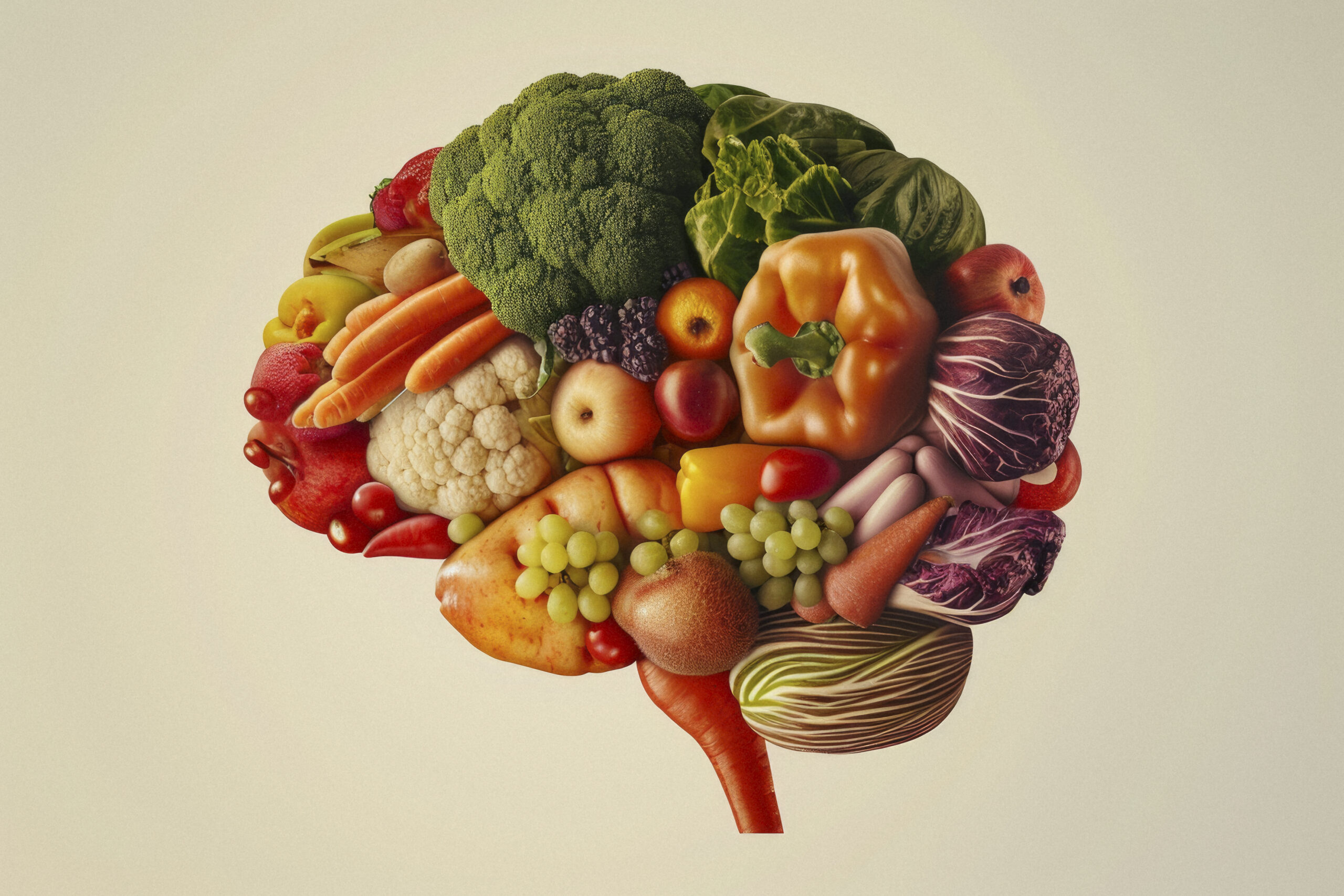 Cerveau composé de fruits et légumes colorés, illustrant le lien entre alimentation et axe intestin-cerveau