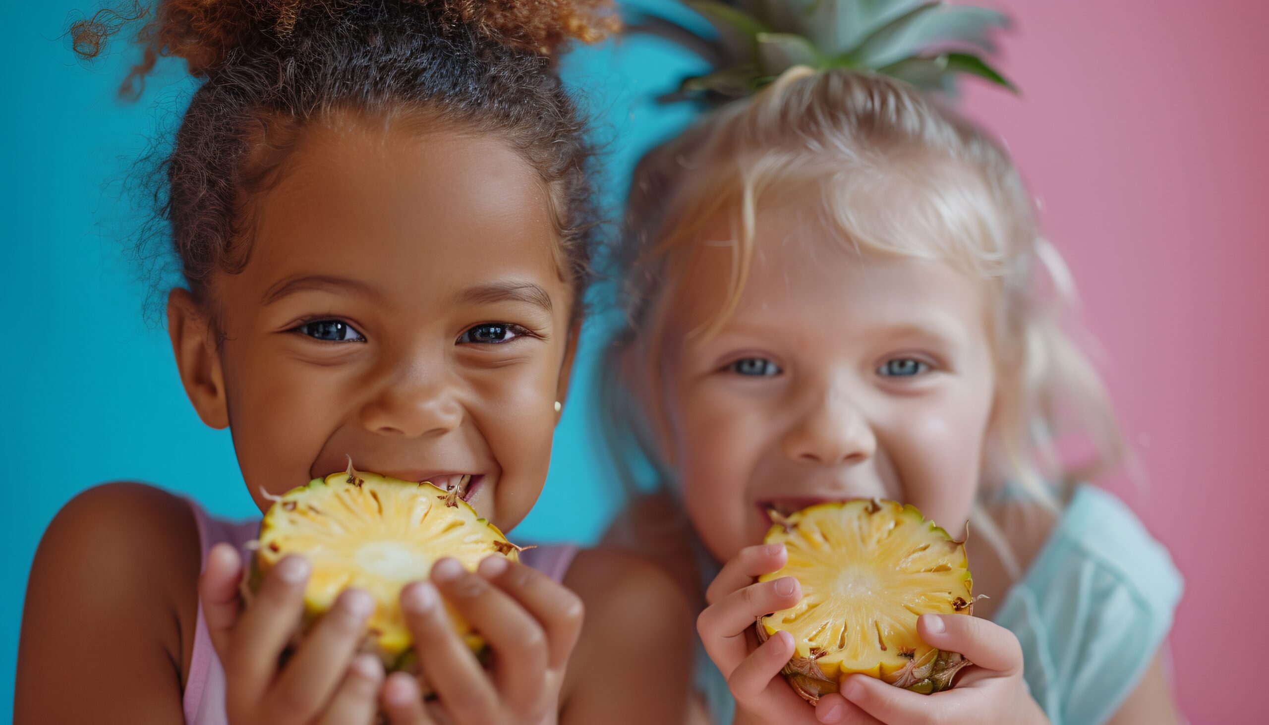 une enfant métisse et une enfant blonde mangent de l'ananas en souriant